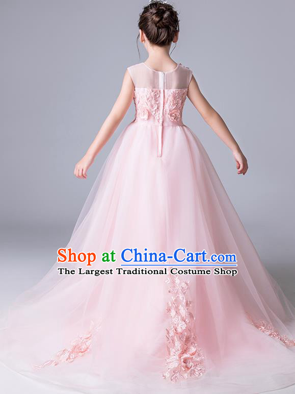 Top Grade Catwalks Pink Veil Full Dress Children Birthday Costume Stage Show Girls Compere Butterfly Flowers Dress