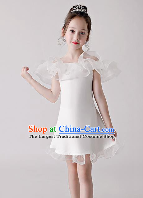Top Grade Catwalks White Flowers Full Dress Children Birthday Costume Stage Show Girls Compere Short Dress