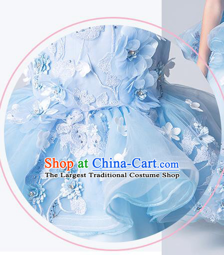 Top Grade Catwalks Blue Flowers Full Dress Children Birthday Costume Stage Show Girls Compere Veil Dress