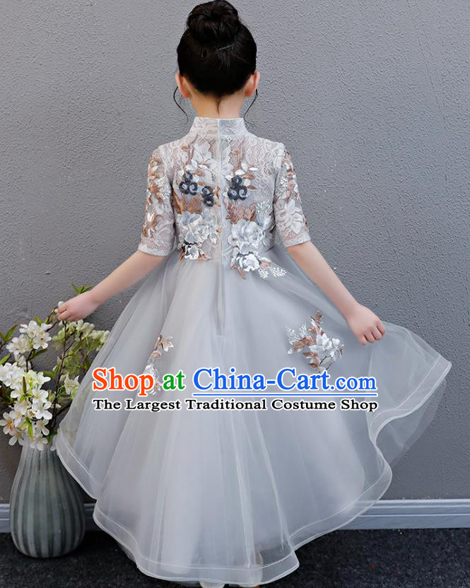 Top Grade Catwalks Grey Veil Full Dress Children Birthday Costume Stage Show Girls Compere Embroidered Lace Dress