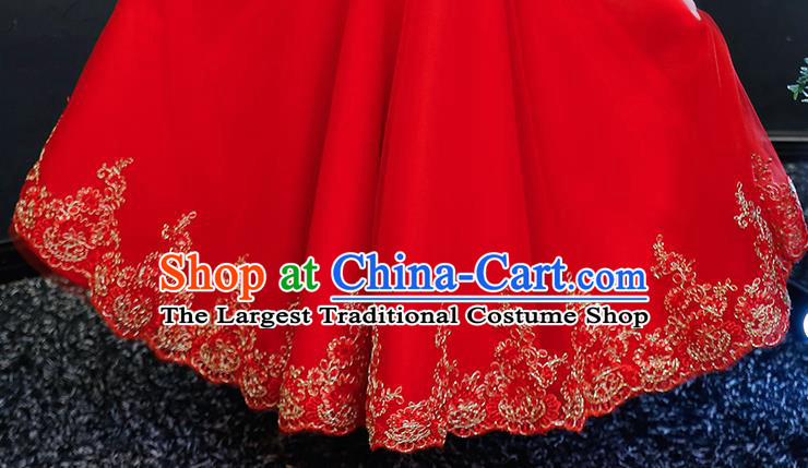 Top Grade Catwalks Veil Full Dress Children Birthday Costume Stage Show Girls Compere Red Long Dress