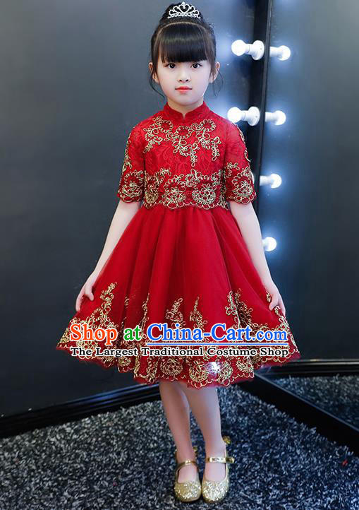 Top Grade Catwalks Lace Short Full Dress Children Birthday Costume Stage Show Girls Compere Red Veil Dress