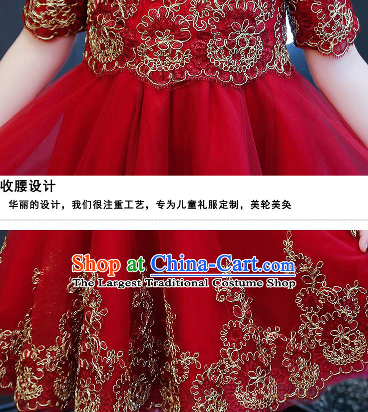 Top Grade Catwalks Lace Short Full Dress Children Birthday Costume Stage Show Girls Compere Red Veil Dress