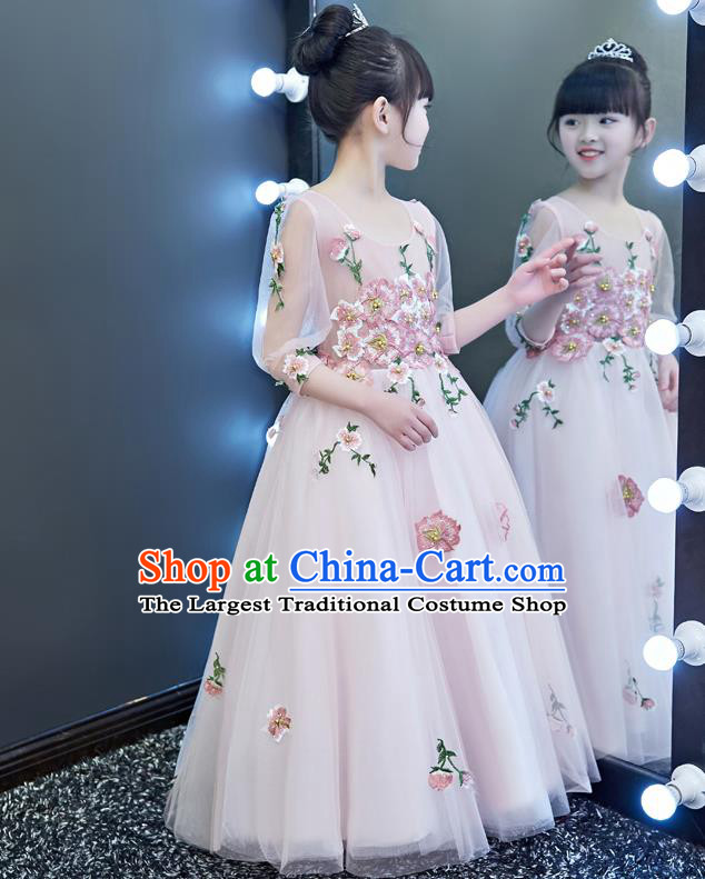Top Grade Catwalks Flowers Girls Full Dress Children Birthday Costume Stage Show Compere Pink Veil Dress