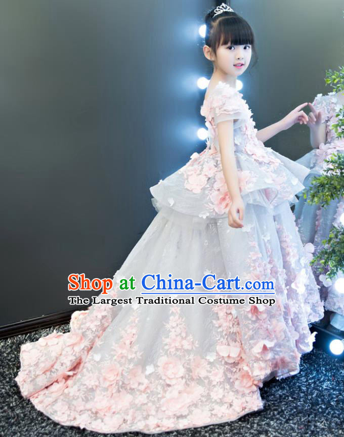 Top Grade Catwalks Flowers Trailing Full Dress Children Birthday Costume Stage Show Compere Dress
