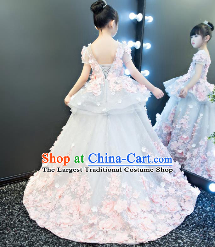Top Grade Catwalks Flowers Trailing Full Dress Children Birthday Costume Stage Show Compere Dress