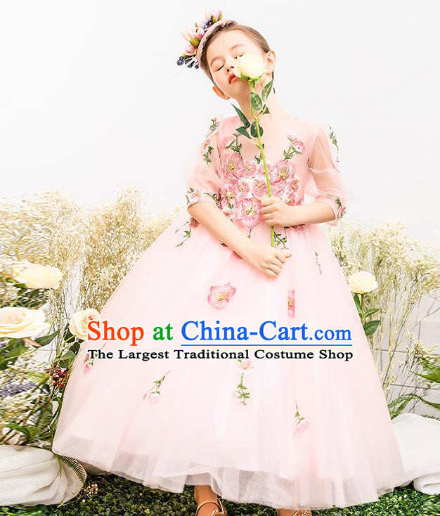 Top Grade Catwalks Pink Full Dress Children Birthday Costume Stage Show Compere Flowers Dress