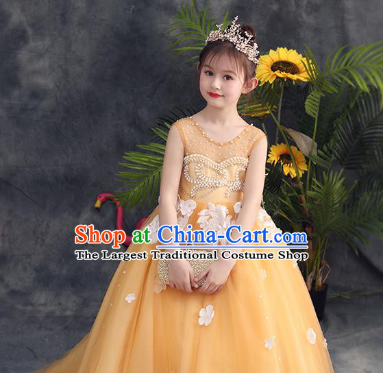 Top Grade Catwalks Yellow Full Dress Children Birthday Costume Stage Show Girls Compere Embroidered Beads Veil Dress