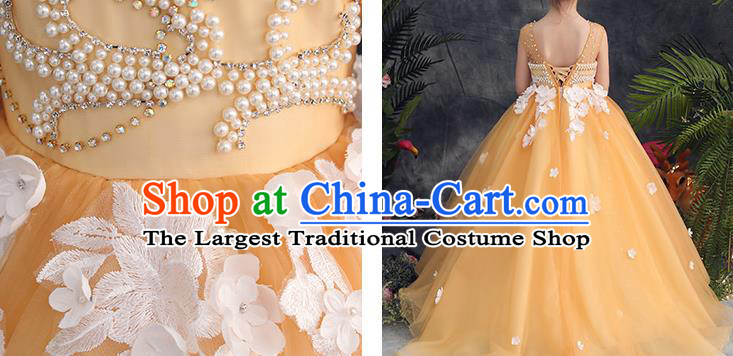 Top Grade Catwalks Yellow Full Dress Children Birthday Costume Stage Show Girls Compere Embroidered Beads Veil Dress