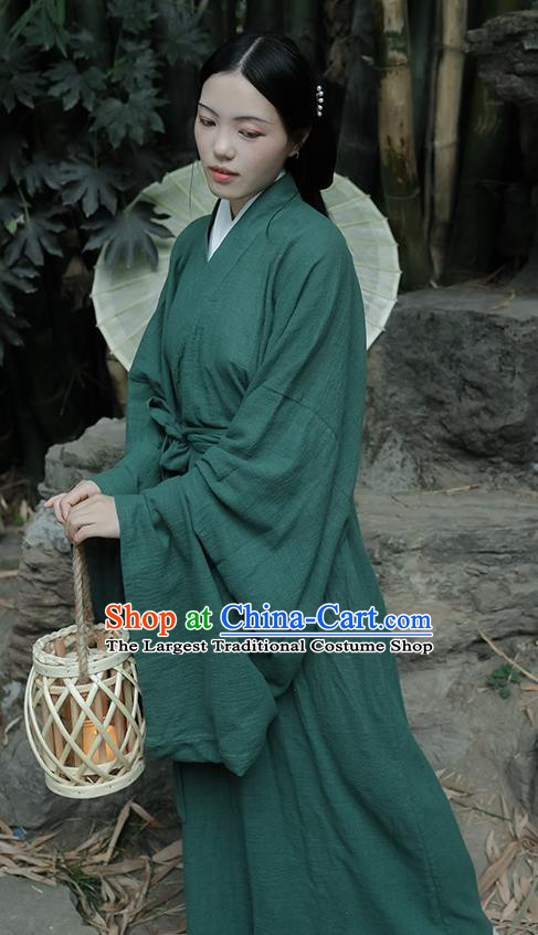 Chinese Traditional Ancient Female Swordsman Garment Jin Dynasty Palace Lady Green Flax Hanfu Dress Costumes