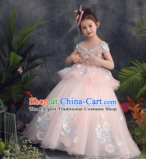 Top Grade Catwalks Flowers Fairy Pink Full Dress Children Birthday Costume Stage Show Girls Compere Veil Dress