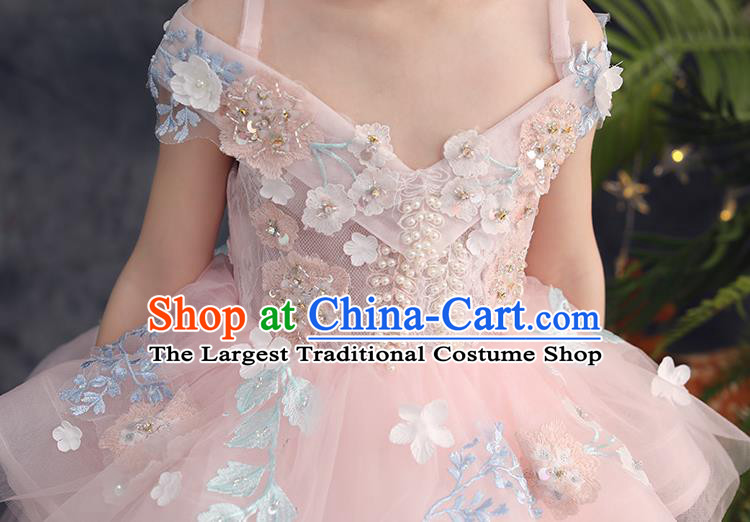 Top Grade Catwalks Flowers Fairy Pink Full Dress Children Birthday Costume Stage Show Girls Compere Veil Dress