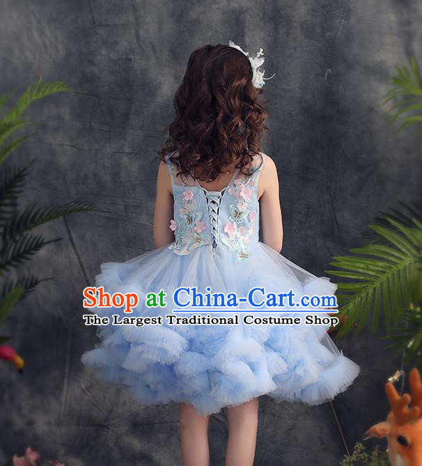 Top Grade Catwalks Flowers Fairy Blue Veil Full Dress Children Birthday Costume Stage Show Girls Compere Short Bubble Dress