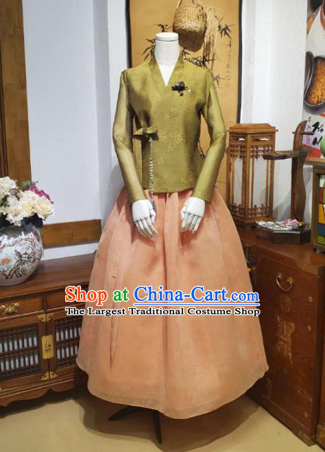 Korean Traditional Olive Green Blouse and Orange Dress Asian Korea National Fashion Costumes Hanbok Women Informal Apparels