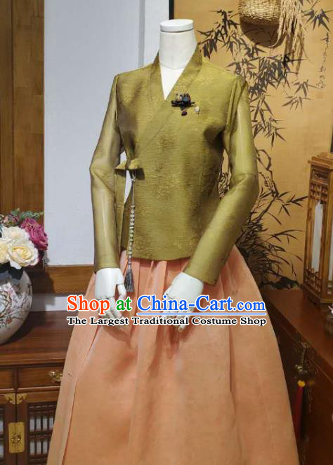 Korean Traditional Olive Green Blouse and Orange Dress Asian Korea National Fashion Costumes Hanbok Women Informal Apparels