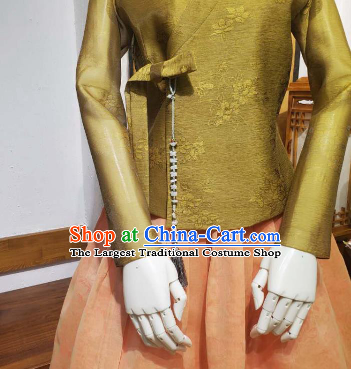 Korean Traditional Olive Green Blouse and Orange Dress Asian Korea National Fashion Costumes Hanbok Women Informal Apparels
