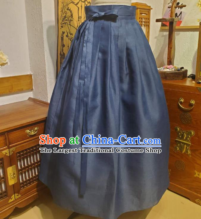Korean Traditional Blue Blouse and Navy Dress Asian Korea National Fashion Costumes Hanbok Women Informal Apparels