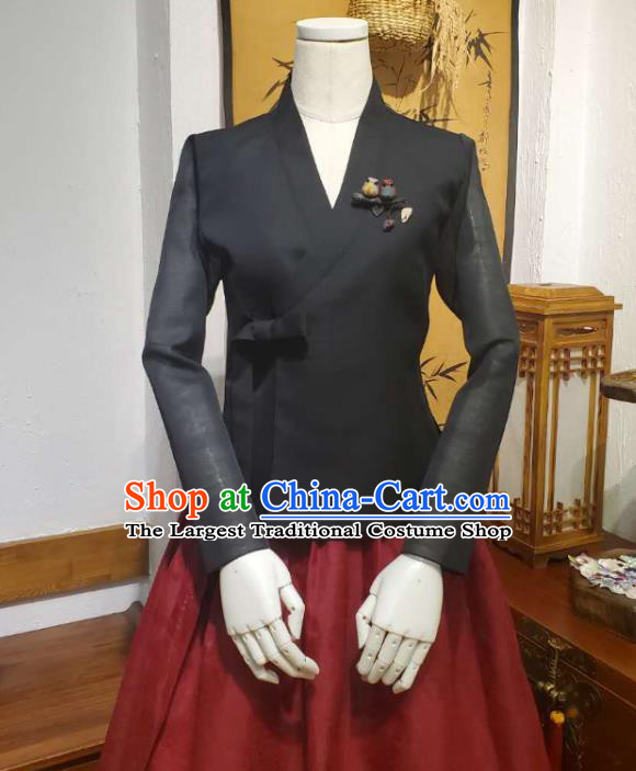 Korean Mother Traditional Black Blouse and Wine Red Dress Asian Korea National Fashion Costumes Hanbok Women Informal Apparels