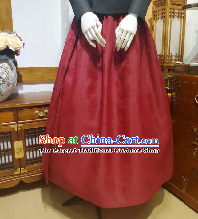 Korean Mother Traditional Black Blouse and Wine Red Dress Asian Korea National Fashion Costumes Hanbok Women Informal Apparels