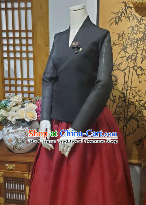 Korean Mother Traditional Black Blouse and Wine Red Dress Asian Korea National Fashion Costumes Hanbok Women Informal Apparels