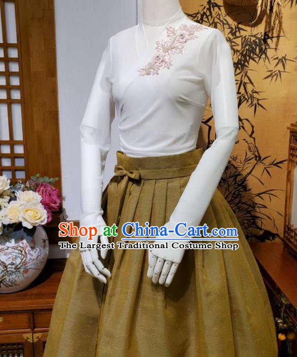 Korean Traditional Dance Blouse and Olive Green Skirt Asian Korea National Fashion Costumes Women Hanbok Apparels