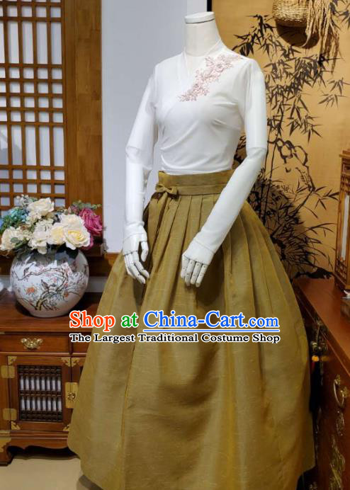 Korean Traditional Dance Blouse and Olive Green Skirt Asian Korea National Fashion Costumes Women Hanbok Apparels