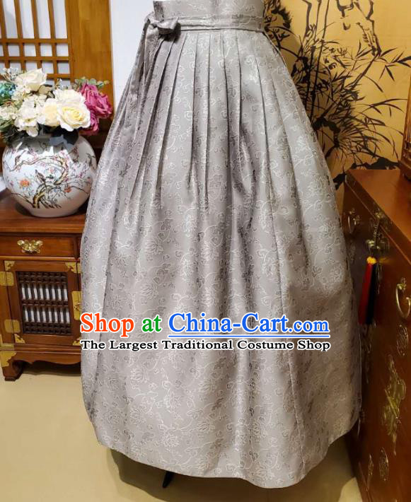 Korean Traditional Dance Blouse and Grey Satin Bust Skirt Asian Korea National Fashion Costumes Women Hanbok Apparels