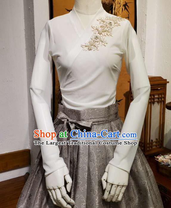 Korean Traditional Dance Blouse and Grey Satin Bust Skirt Asian Korea National Fashion Costumes Women Hanbok Apparels