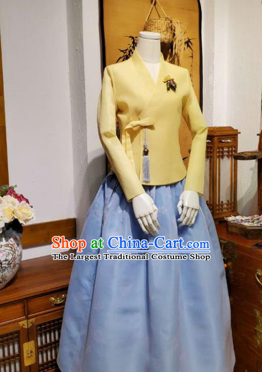Korean Traditional Female Yellow Blouse and Blue Bust Skirt Asian Korea National Fashion Costumes Women Hanbok Apparels