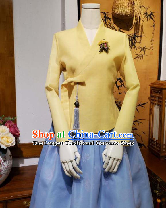 Korean Traditional Female Yellow Blouse and Blue Bust Skirt Asian Korea National Fashion Costumes Women Hanbok Apparels