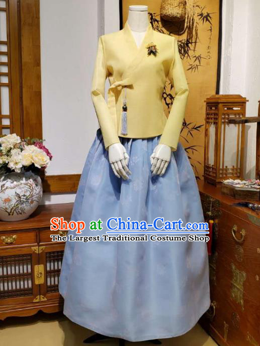 Korean Traditional Female Yellow Blouse and Blue Bust Skirt Asian Korea National Fashion Costumes Women Hanbok Apparels