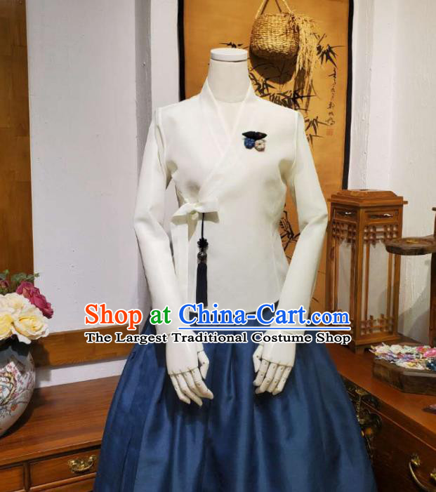 Korean Traditional Female White Blouse and Navy Bust Skirt Asian Korea National Fashion Costumes Women Hanbok Informal Apparels