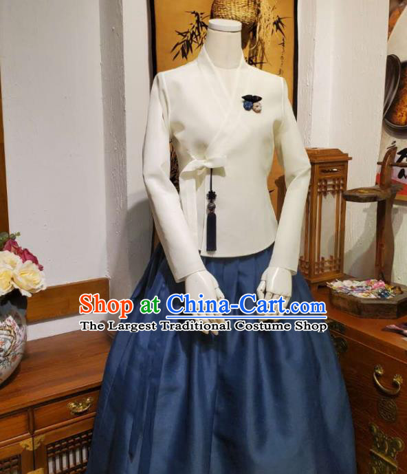 Korean Traditional Female White Blouse and Navy Bust Skirt Asian Korea National Fashion Costumes Women Hanbok Informal Apparels