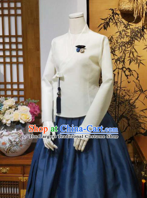Korean Traditional Female White Blouse and Navy Bust Skirt Asian Korea National Fashion Costumes Women Hanbok Informal Apparels