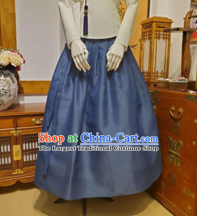 Korean Traditional Female White Blouse and Navy Bust Skirt Asian Korea National Fashion Costumes Women Hanbok Informal Apparels