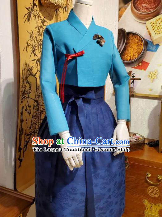 Korean Traditional Blue Top Blouse and Deep Blue Dress Asian Korea National Fashion Costumes Women Hanbok Informal Apparels