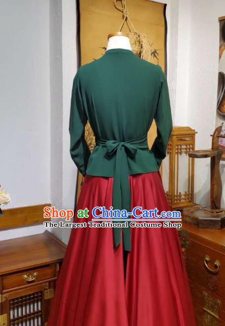 Korean Traditional Dance Training Green Veil Blouse and Red Satin Skirt Asian Women Hanbok Informal Apparels Korea Fashion Costumes