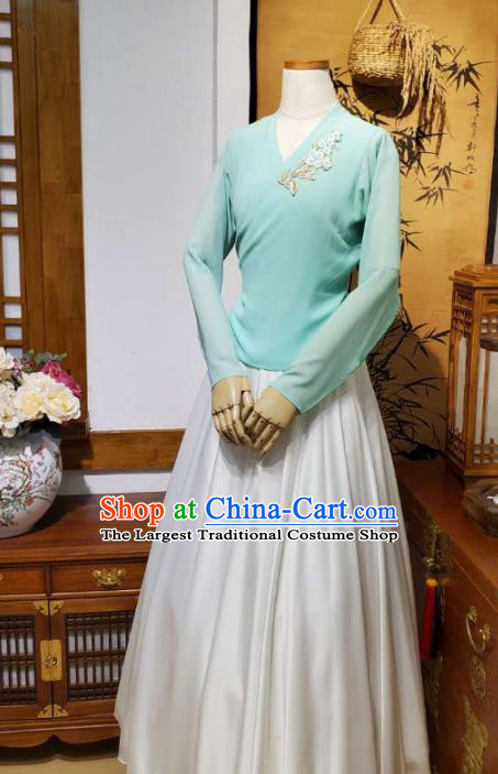 Korean Traditional Dance Training Light Blue Veil Blouse and White Satin Skirt Asian Women Hanbok Informal Apparels Korea Fashion Costumes