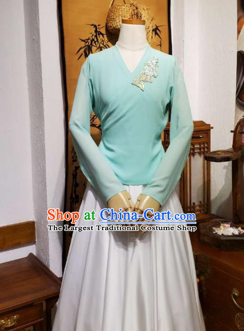 Korean Traditional Dance Training Light Blue Veil Blouse and White Satin Skirt Asian Women Hanbok Informal Apparels Korea Fashion Costumes