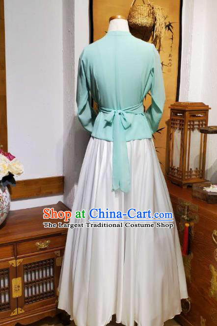 Korean Traditional Dance Training Light Blue Veil Blouse and White Satin Skirt Asian Women Hanbok Informal Apparels Korea Fashion Costumes