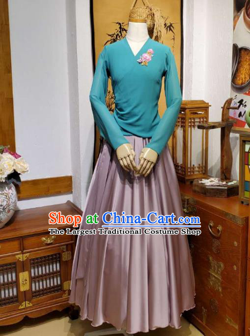Korean Traditional Dance Training Teal Veil Blouse and Deep Pink Satin Skirt Asian Women Hanbok Informal Apparels Korea Fashion Costumes