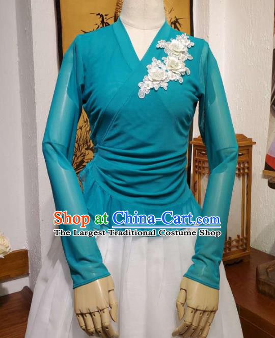 Korean Dance Training Blue Veil Blouse and White Skirt Asian Women Hanbok Informal Apparels Korea Fashion Traditional Costumes
