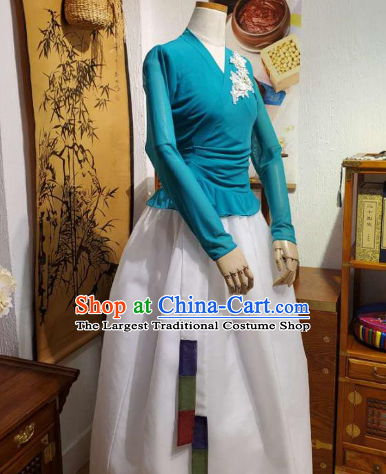 Korean Dance Training Blue Veil Blouse and White Skirt Asian Women Hanbok Informal Apparels Korea Fashion Traditional Costumes