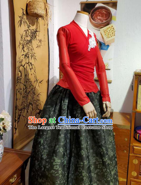 Korean Dance Training Red Veil Blouse and Printing Black Skirt Asian Women Hanbok Informal Apparels Korea Fashion Traditional Costumes