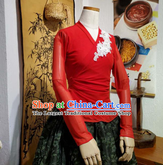 Korean Dance Training Red Veil Blouse and Printing Black Skirt Asian Women Hanbok Informal Apparels Korea Fashion Traditional Costumes