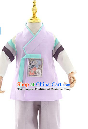 Asian Korea Kids Lilac Vest Shirt and Pants Dress Korean Boys Birthday Fashion Traditional Hanbok Apparels Costumes
