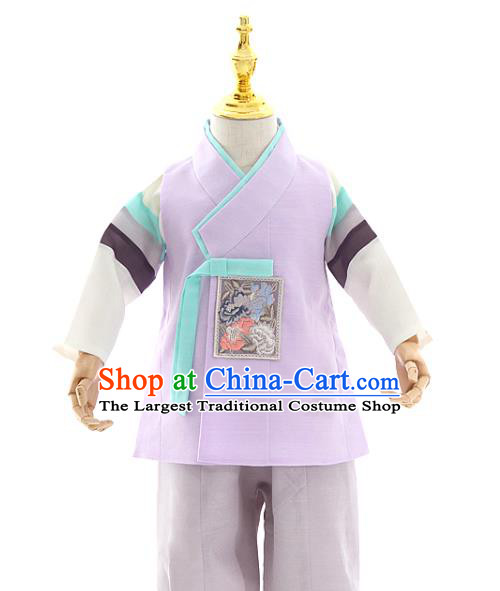 Asian Korea Kids Lilac Vest Shirt and Pants Dress Korean Boys Birthday Fashion Traditional Hanbok Apparels Costumes