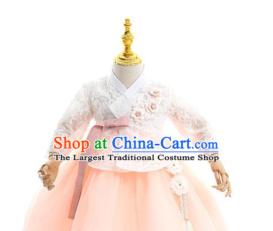 Asian Korea Girls Traditional Embroidered White Blouse and Pink Dress Korean Children Birthday Fashion Apparels Hanbok Costumes