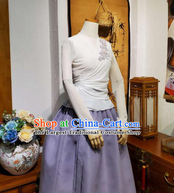 Korean Apparels White Veil Blouse and Lilac Skirt Asian Women Informal Hanbok Korea Fashion Traditional Dance Training Costumes