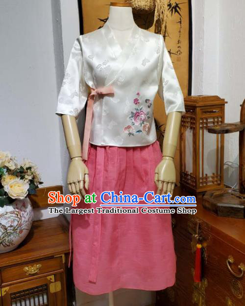 Korean Waitress Apparels Embroidered White Blouse and Pink Skirt Asian Women Work Hanbok Korea Fashion Traditional Costumes